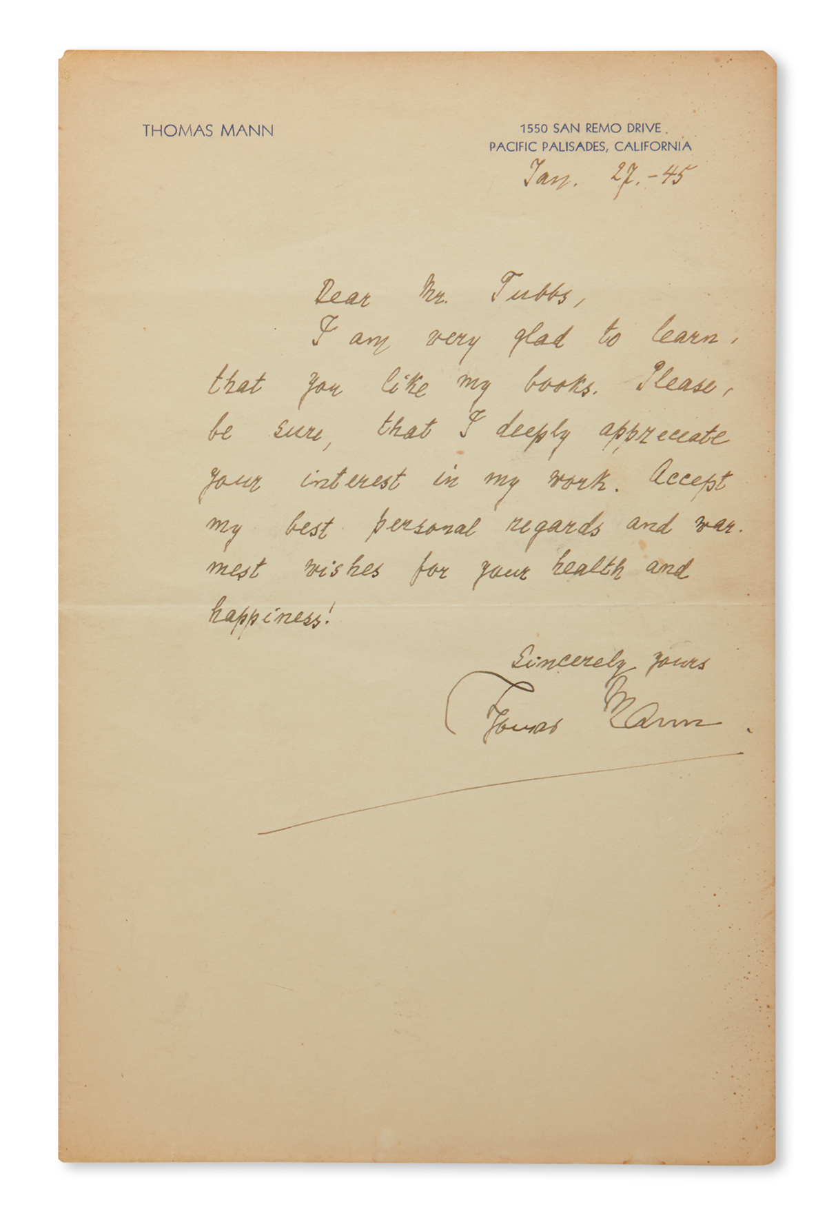 THOMAS MANN. Autograph Letter Signed, to Dear Mr. Tubbs, in English, expressing appreciation for the remarks a...